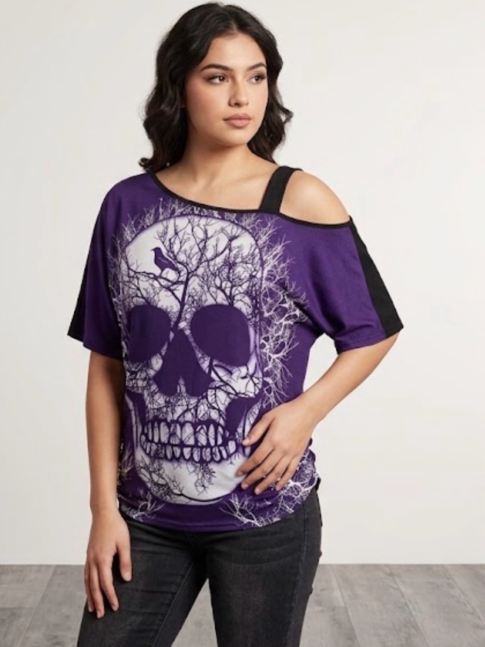 Whimsigoth Skull Raven Asymmetric Tunic Top XL Purple Ruched Gothic Witchy Crow